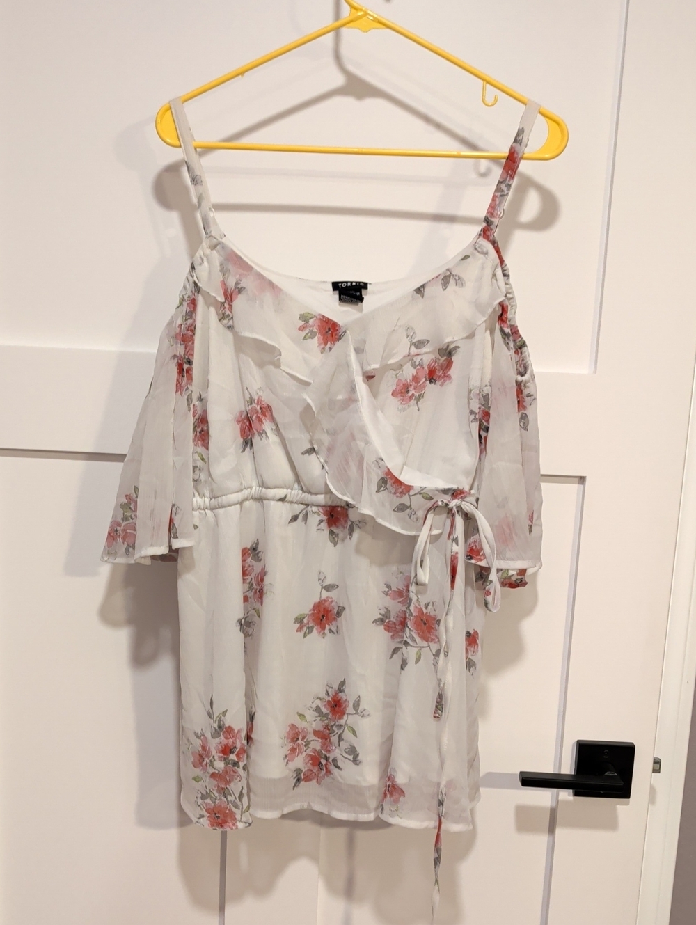 torrid White Floral Cold-Shoulder Wrap Tank with Pink Roses
